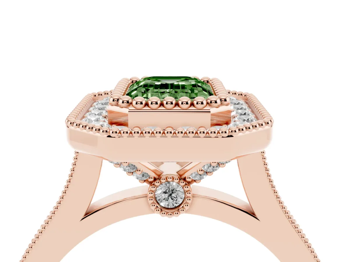 Fancy Green Emerald Cut Diamond Halo Ring with Milgrain Frame and Pavé Band Rose gold