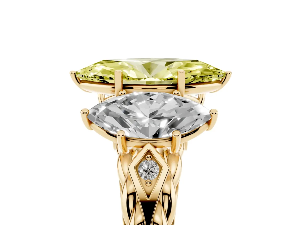 Fancy Yellow Three-Stone Marquise Cut Diamond Braided Band Ring with Four-Prong Setting Yellow gold