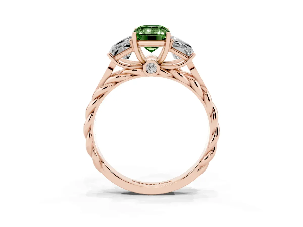 Fancy Green Three-Stone Radiant Cut Diamond Braided Band Ring with Four-Prong Setting Rose gold