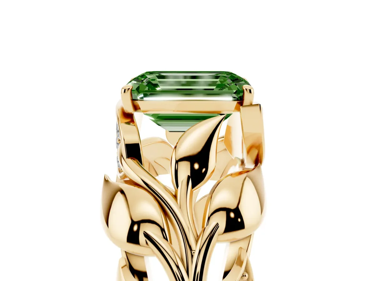 Fancy Green Emerald Cut Diamond Leaf-Inspired Engagement Ring with Round Accents and Prong Setting Yellow gold