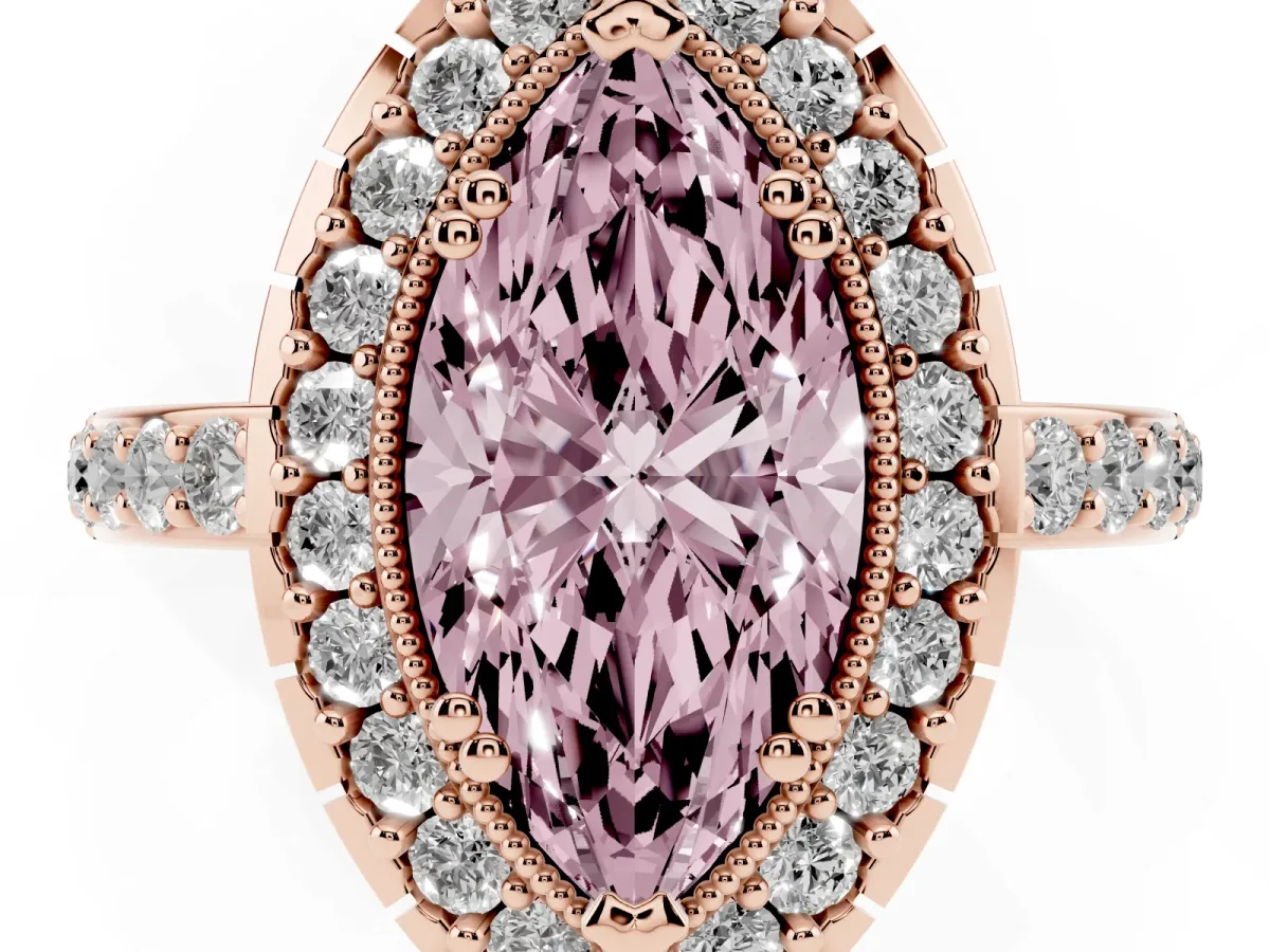 Fancy Pink Marquise Cut Diamond Halo Ring with Pavé Band and Prong Setting Rose gold