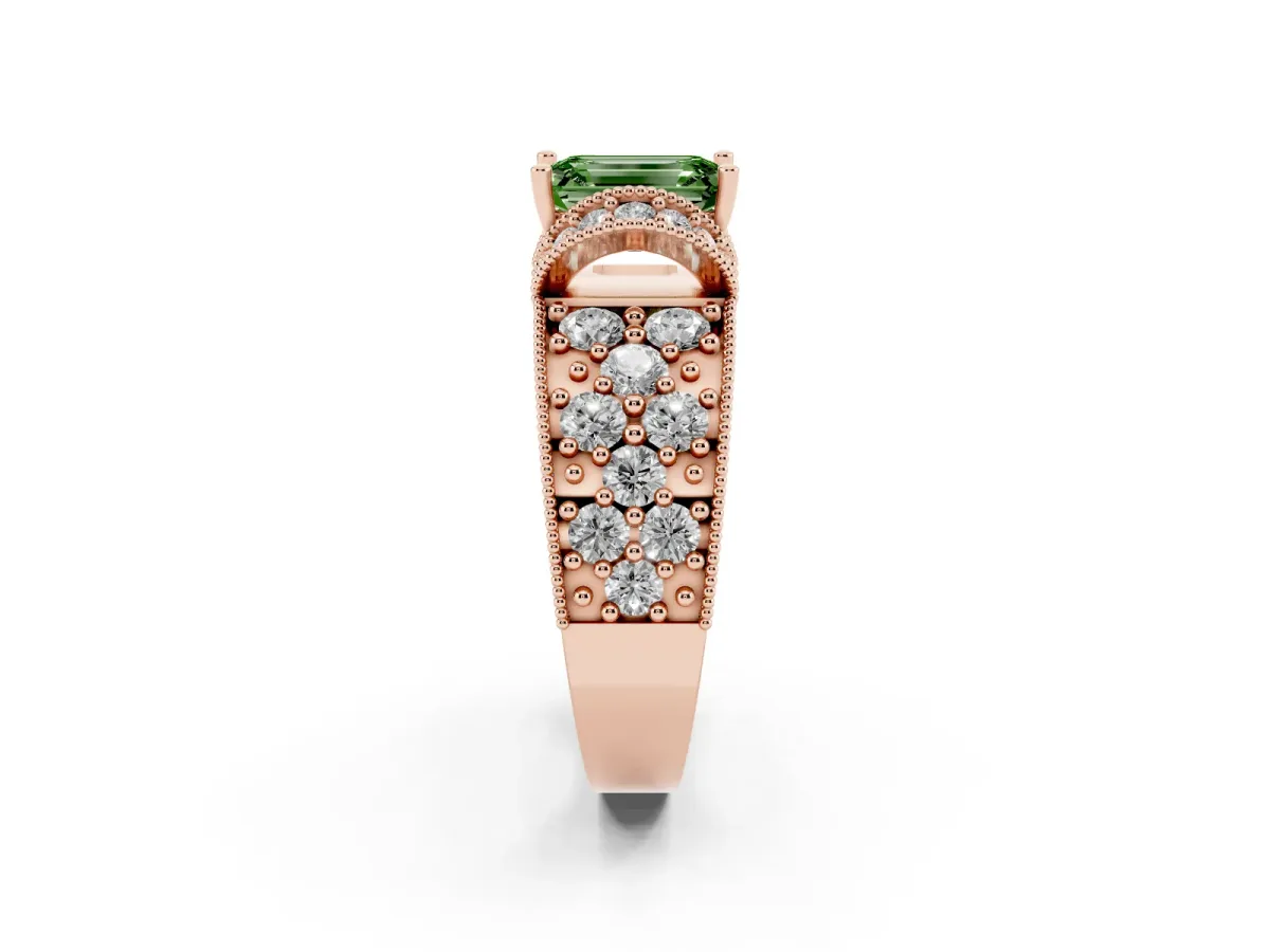 Fancy Green Emerald Cut Halo Pave Diamond Engagement Ring with Milgrain Detailing Rose gold