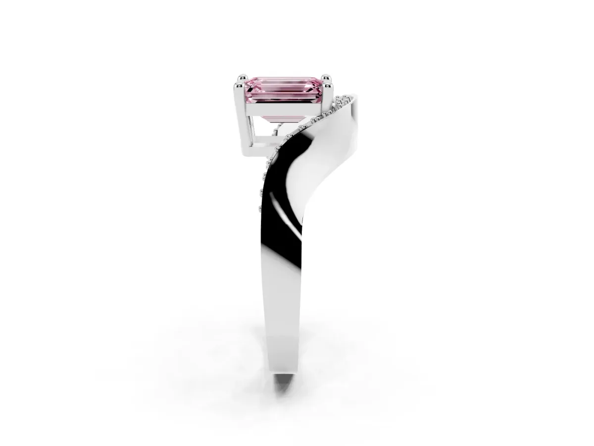 Fancy Pink Emerald Cut Solitaire Diamond Engagement Ring with Pave Band and Four-Prong Setting Platinum