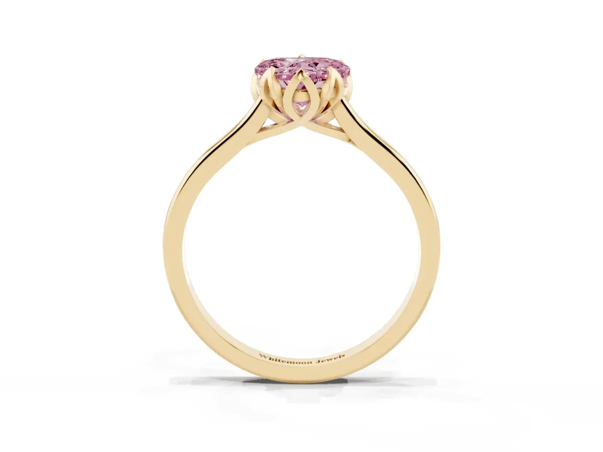 Fancy Pink Heart Cut Diamond Solitaire Ring with Flower Prong Setting and Classic Band Yellow gold
