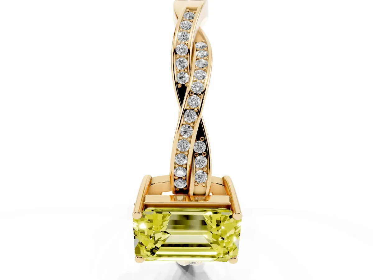 Fancy Yellow Emerald Cut Solitaire Twisted Pave Diamond Ring with Four-Prong Setting Yellow gold