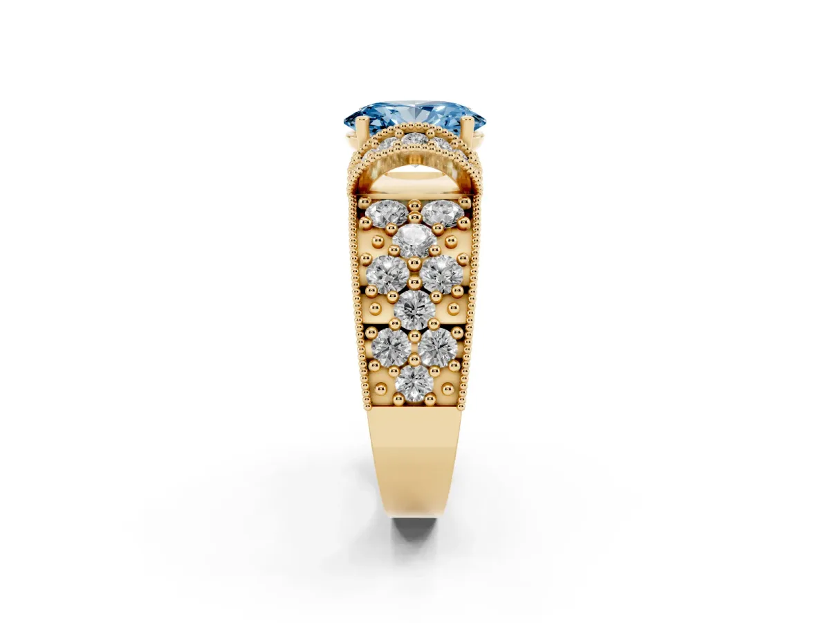 Fancy Blue Oval Cut Halo Pave Diamond Engagement Ring with Milgrain Detailing Yellow gold