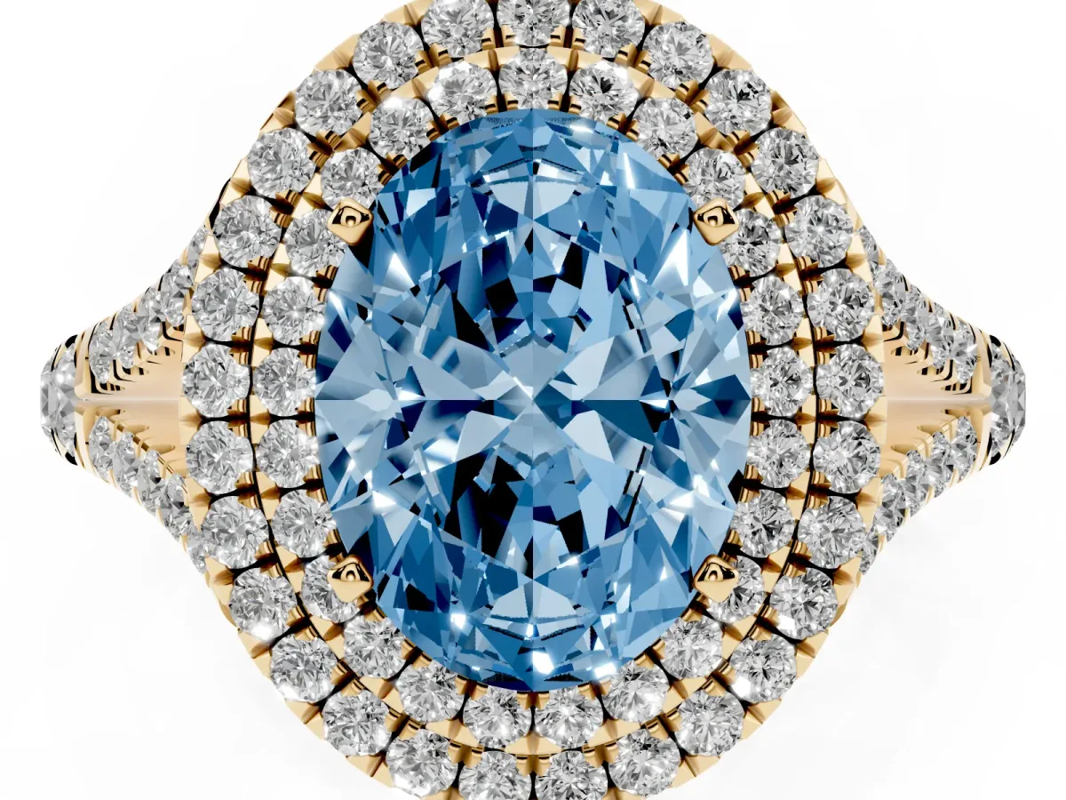Fancy Blue Oval Cut Cut Double Halo Split Shank Diamond Ring with Prong Setting Yellow gold