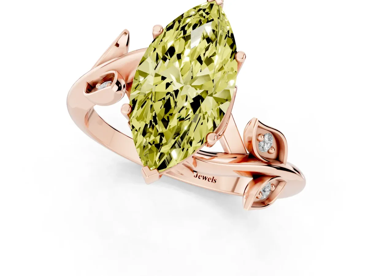 Fancy Yellow Marquise Cut Solitaire Twist Engagement Ring with Leaf Accents and Prong Setting Rose gold