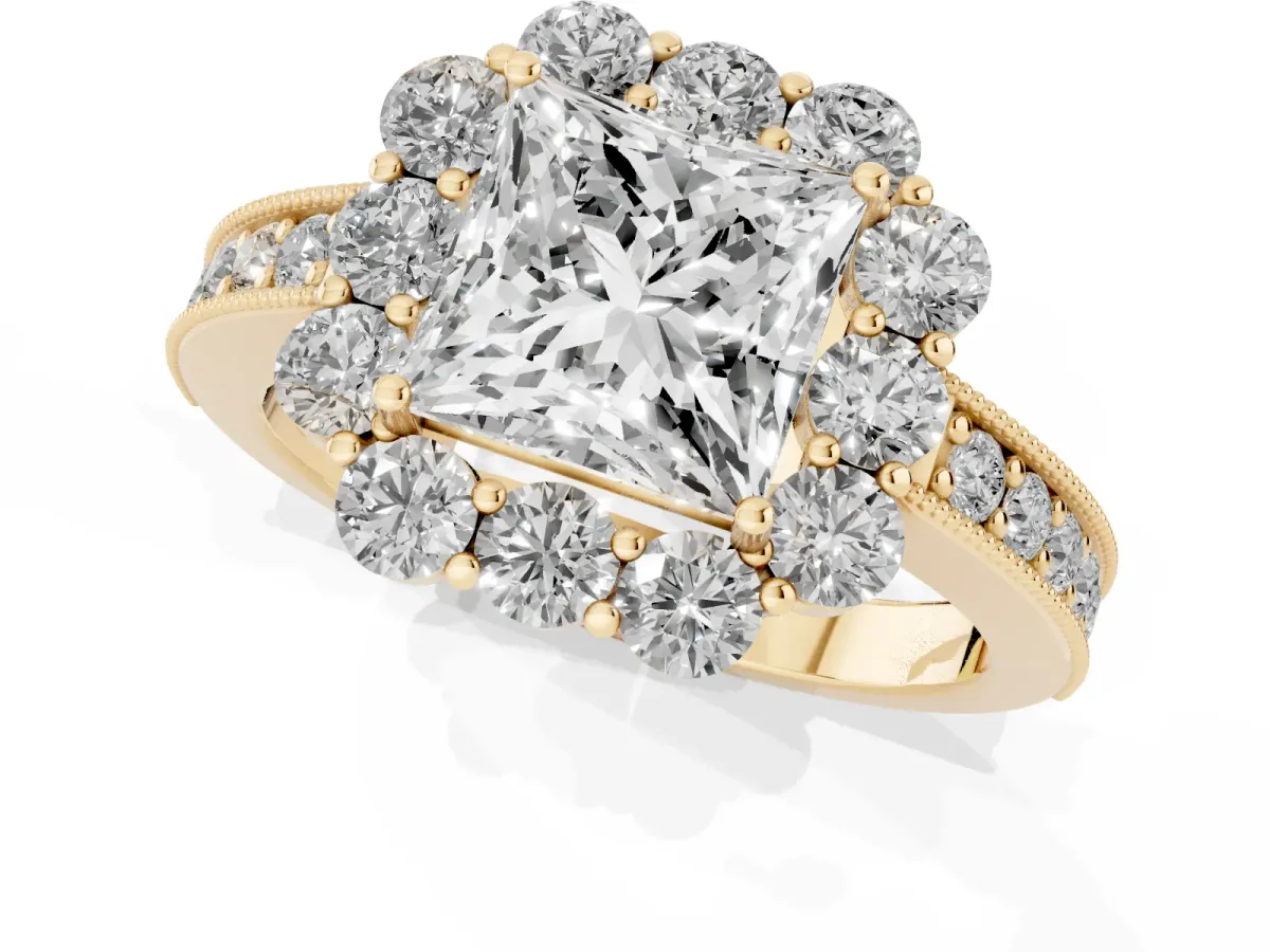 Princess Cut Cut Halo Diamond Pavé Engagement Ring with Milgrain Detailing Yellow gold