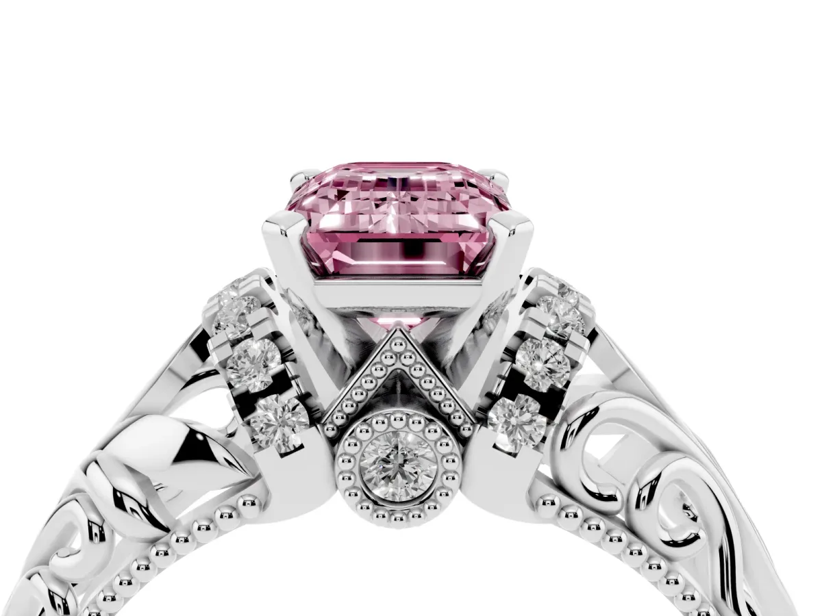 Fancy Pink Emerald Cut Solitaire Filigree Engagement Ring with Halo and Prong Setting Silver