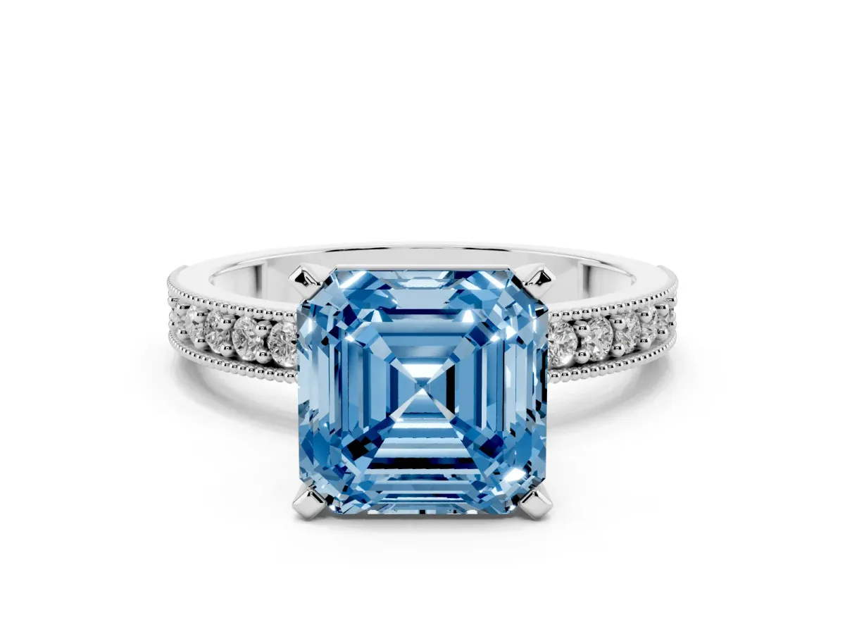 Fancy Blue Asscher Cut Diamond Milgrain Pavé Engagement Ring with Four-Prong Setting Silver