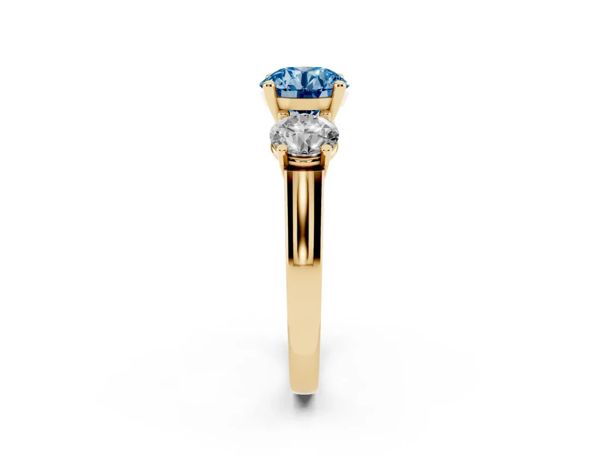 Fancy Blue Three-Stone Round Cut Brilliant Diamond Trellis Ring with Comfort Fit Band Yellow gold