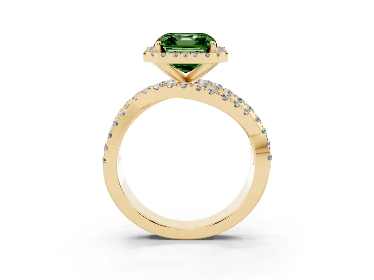 Fancy Green Asscher Cut Diamond Halo Ring with Round Split Shank and Prong Setting Yellow gold