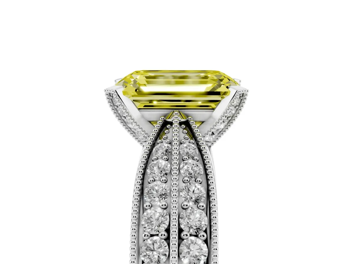 Fancy Yellow Emerald Cut Diamond Solitaire Ring with Milgrain Round Pavé Band and Prong Setting Silver