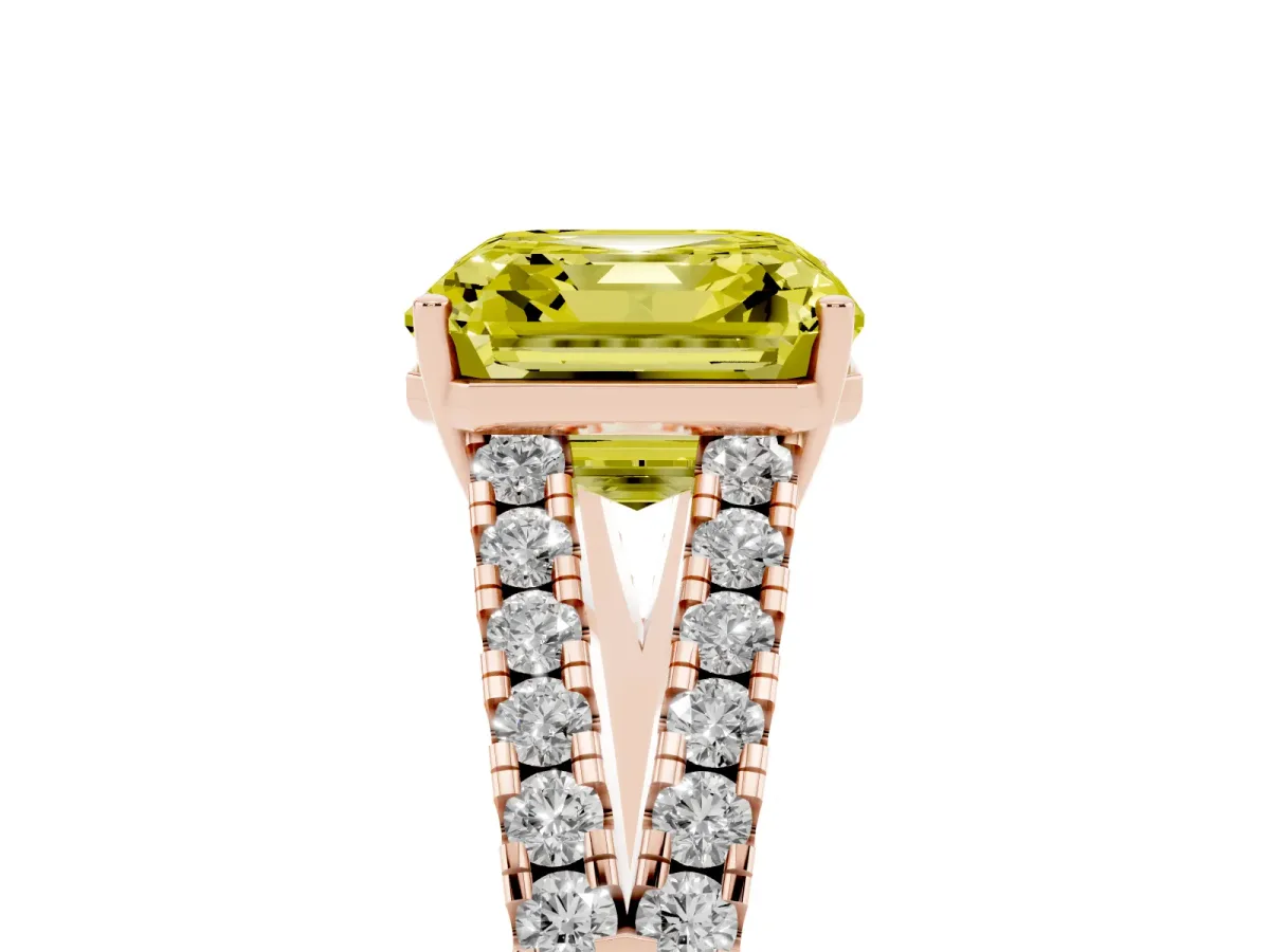 Fancy Yellow Asscher Cut Diamond Split Shank Pavé Engagement Ring with Four-Prong Setting Rose gold
