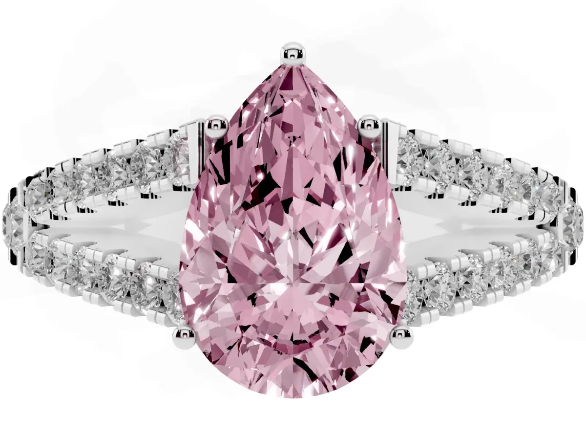 Fancy Pink Pear Cut Diamond Split Shank Pavé Engagement Ring with Four-Prong Setting White gold