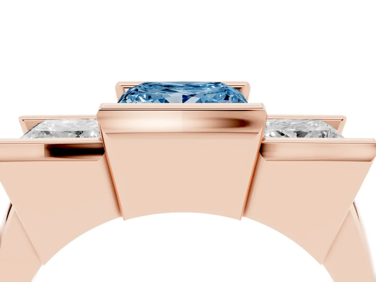 Fancy Blue Three Stone Princess Cut Cut Channel Set Diamond Ring Rose gold