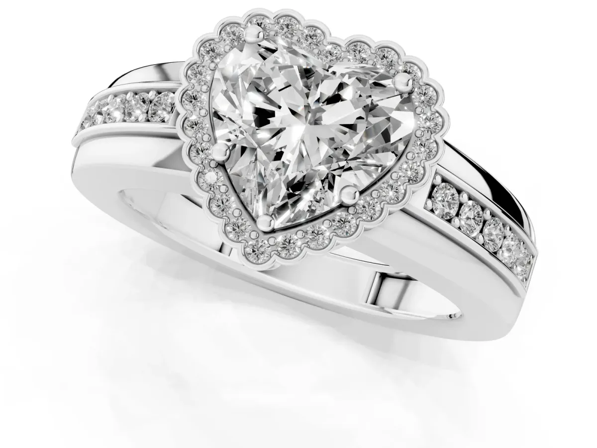 Heart Cut Cut Halo Pave Band Four-Prong Ring Silver