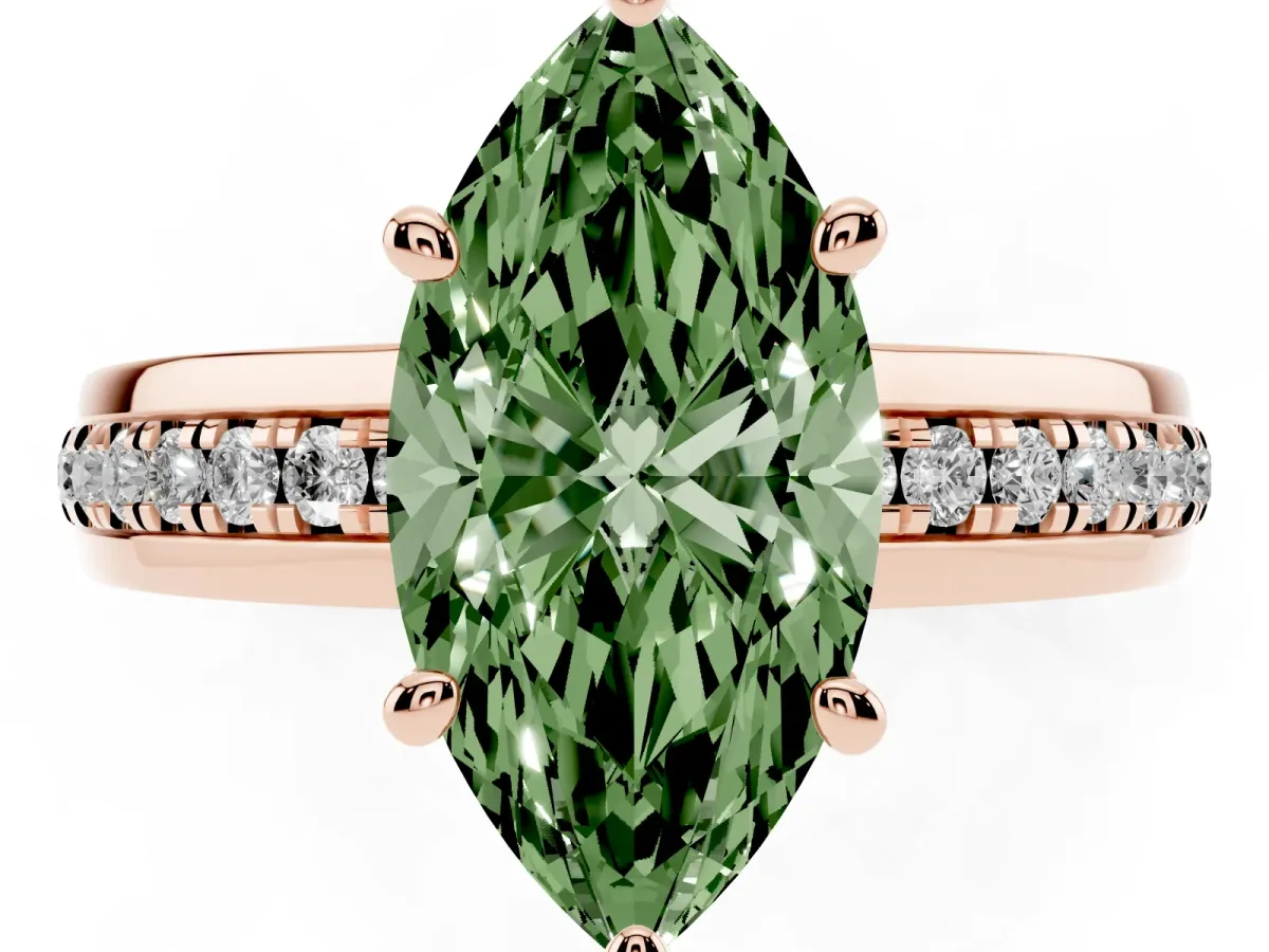Fancy Green Marquise Cut Solitaire Diamond Ring with Channel Set Band and Six-Prong Setting Rose gold