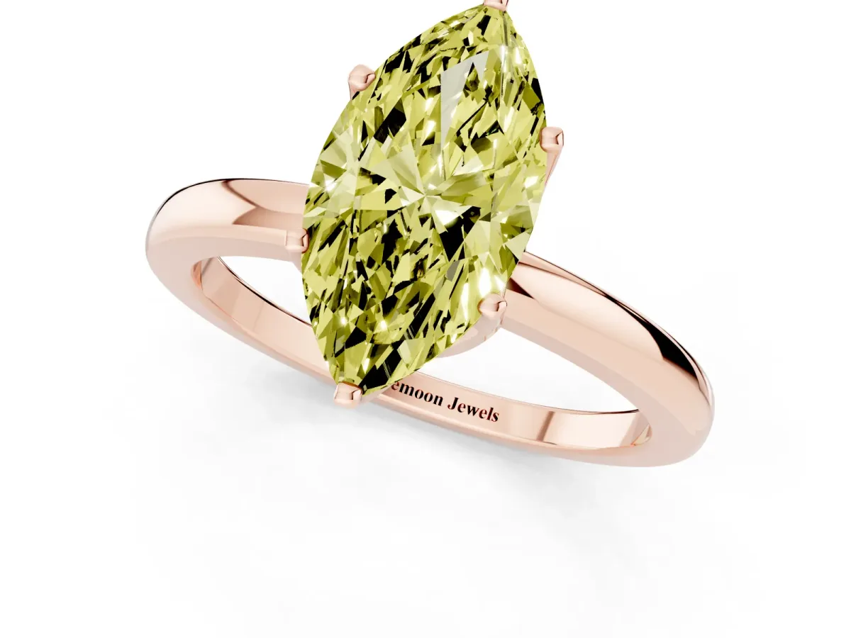Fancy Yellow Marquise Cut Solitaire Diamond Ring with Six-Prong Setting on a Classic Band Rose gold