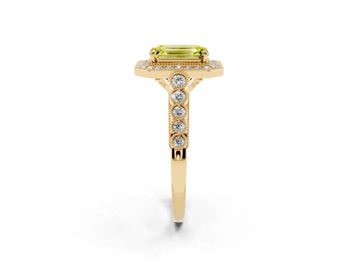 Fancy Yellow Emerald Cut Halo Milgrain Solitaire with Bezel Set Side Stones and Pave Band Yellow gold