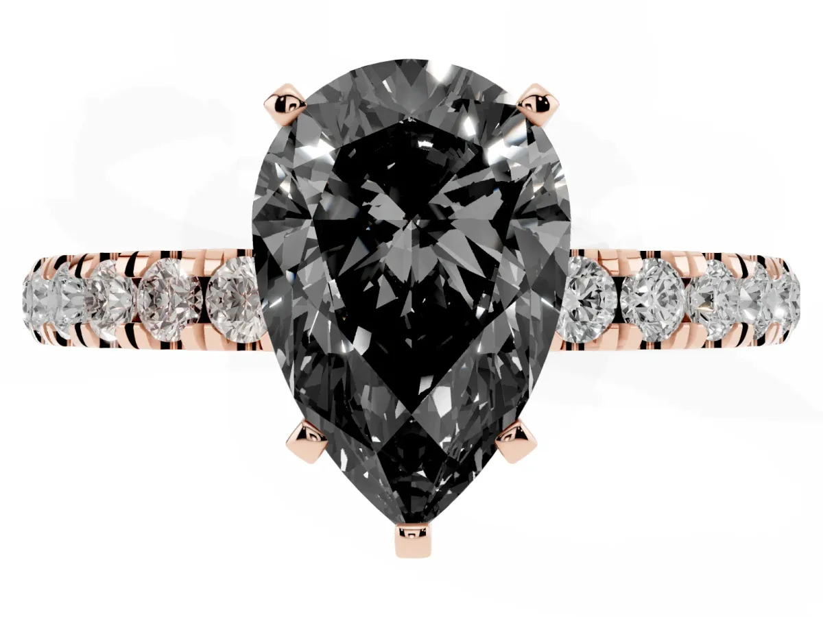 Fancy Black Pear Cut Diamond Solitaire Ring with Pavé Accents and Four-Prong Setting Rose gold