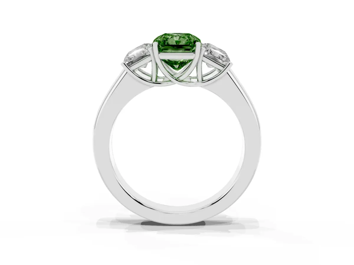Fancy Green Three-Stone Radiant Cut Cut Diamond Ring with Prong Setting and Classic Band Silver