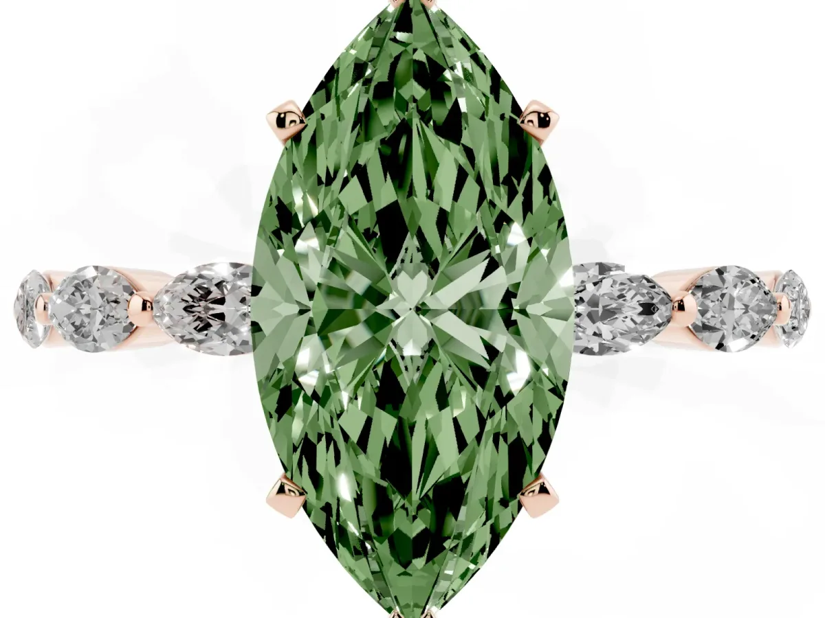 Fancy Green Marquise Cut Diamond Ring with Marquise Side Stones and Prong Setting Rose gold