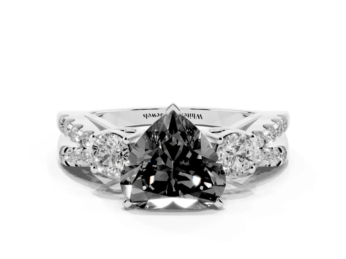 Fancy Black Heart Cut Diamond Three-Stone Ring with Pavé Split Shank and Four-Prong Setting Silver