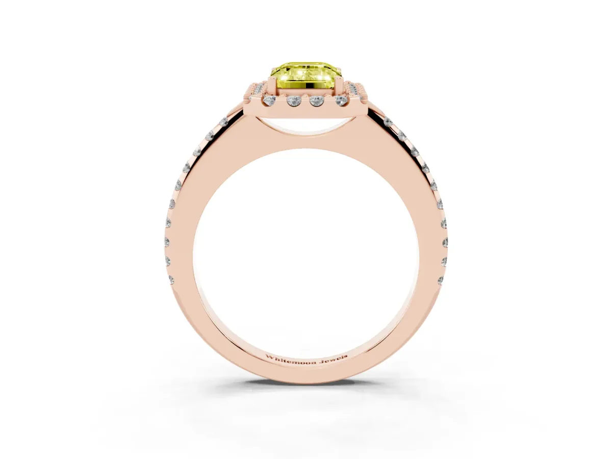 Fancy Yellow Emerald Cut Diamond Pavé Halo Ring with Four-Prong Setting Rose gold