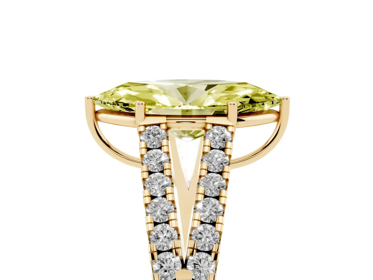 Fancy Yellow Marquise Cut Diamond Split Shank Engagement Ring with Round Pavé and Prong Setting Yellow gold
