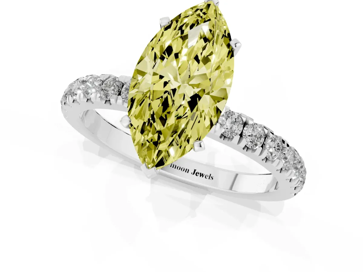 Fancy Yellow Marquise Cut Diamond Solitaire Ring with Pavé Accents and Four-Prong Setting Silver