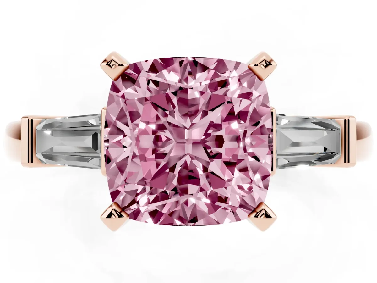 Fancy Pink Cushion Cut Cut Diamond Solitaire Ring with Tapered Baguette Accents and Four-Prong Setting Rose gold