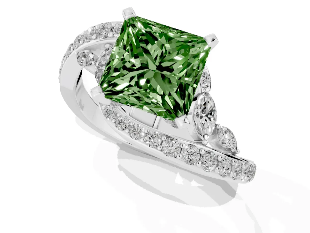 Fancy Green Princess Cut Solitaire with Pavé Twist Band and Four-Prong Setting Platinum