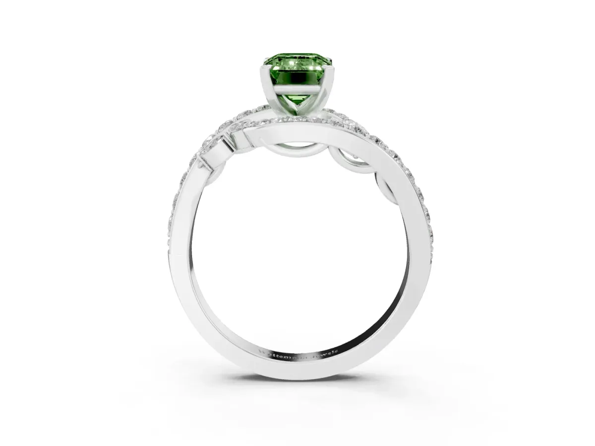 Fancy Green Emerald Cut Solitaire with Pavé Twist Band and Four-Prong Setting Silver