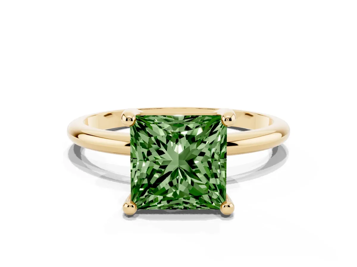 Fancy Green Princess Cut Solitaire Diamond Ring with 4-Prong Setting on a Classic Band Yellow gold