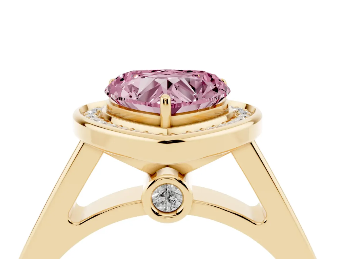 Fancy Pink Heart Cut Halo Solitaire Diamond Ring with Pave Band and Bezel Setting Yellow gold