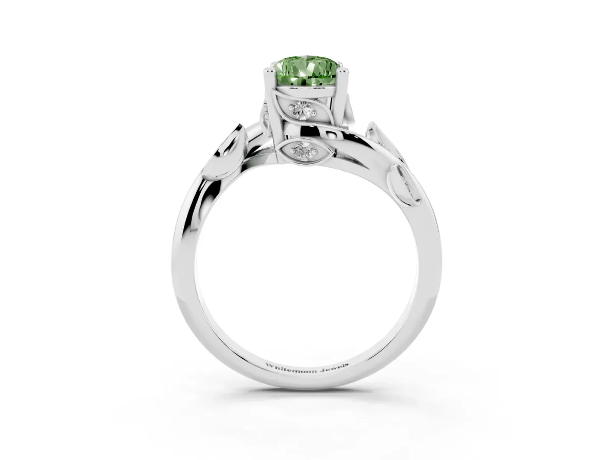 Fancy Green Pear Cut Solitaire Twist Engagement Ring with Leaf Accents and Prong Setting Silver