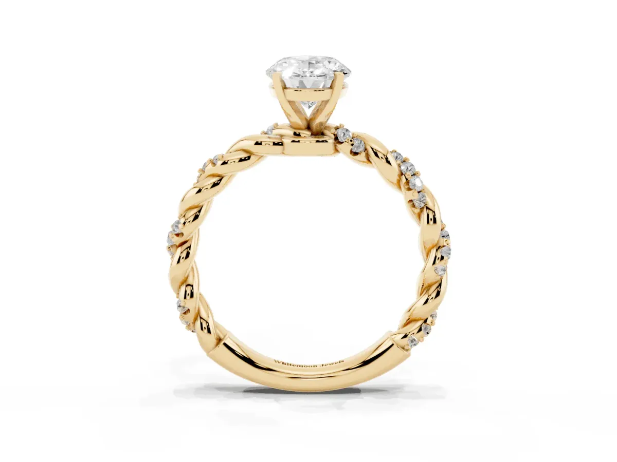 Oval Cut Diamond Solitaire Ring with Twisted Band and Pavé Accents Yellow gold