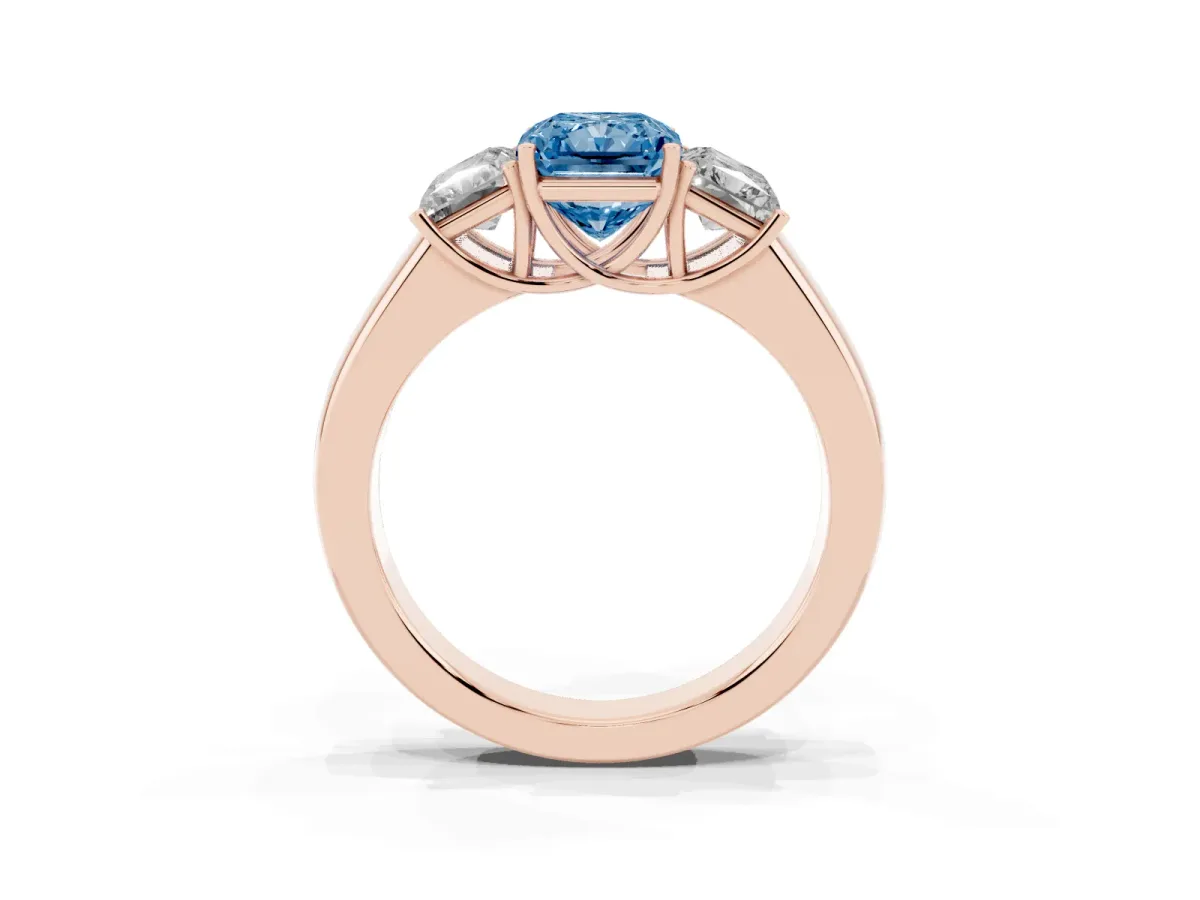 Fancy Blue Three-Stone Radiant Cut Cut Diamond Ring with Prong Setting and Classic Band Rose gold