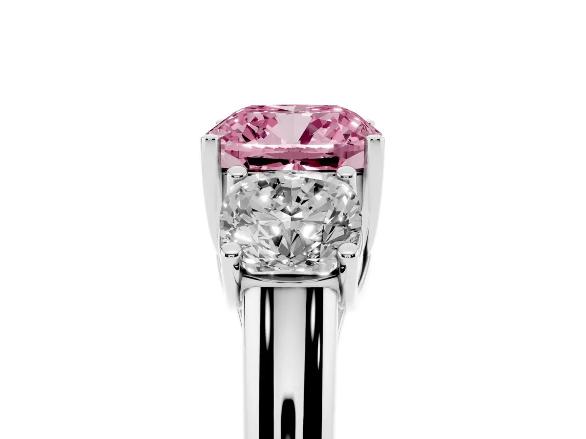 Fancy Pink Three-Stone Cushion Cut Diamond Engagement Ring with Prong Setting Platinum