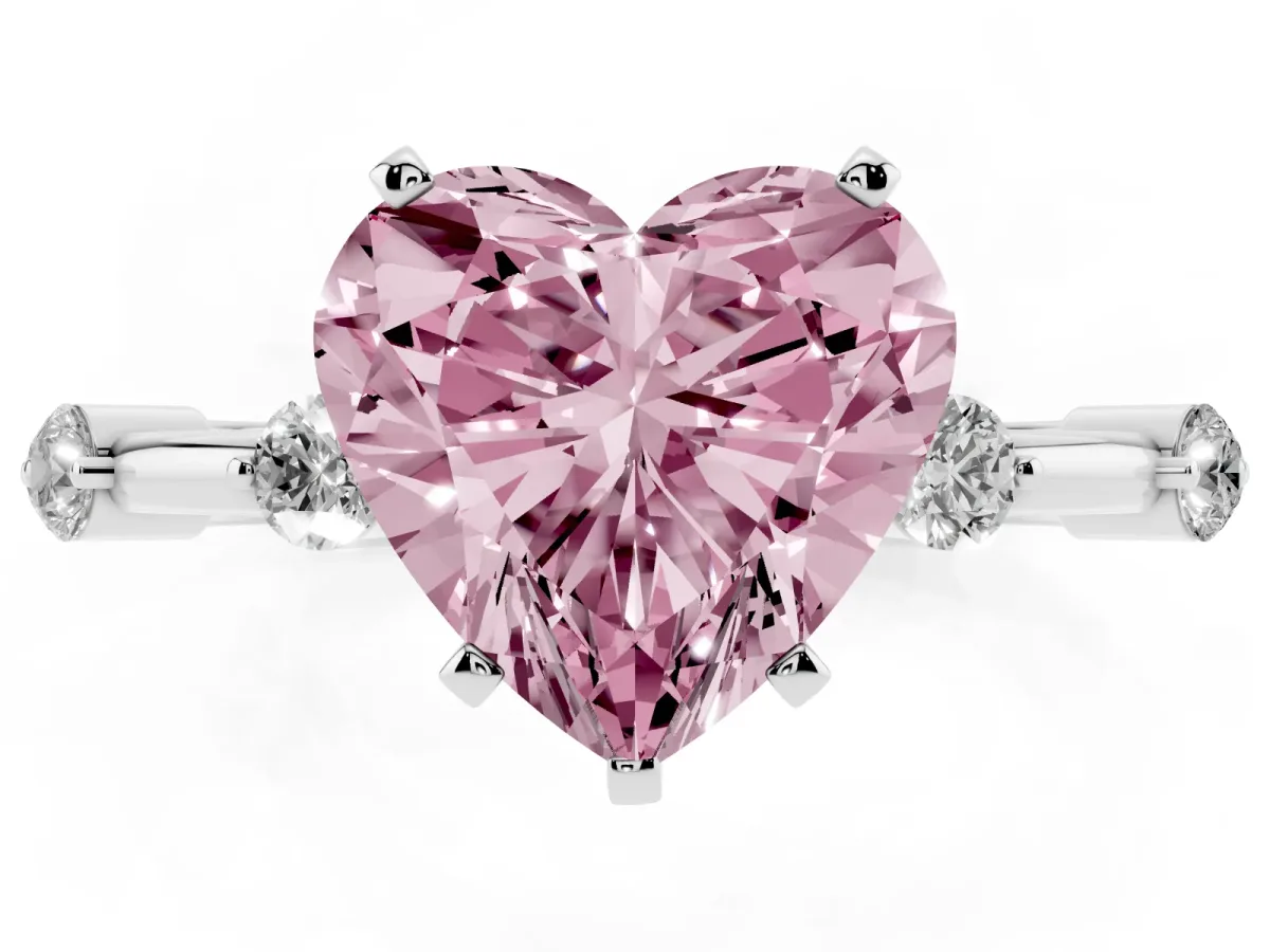 Fancy Pink Heart Cut Solitaire Diamond Ring with Bezel Set Side Stones and Prong Setting Silver