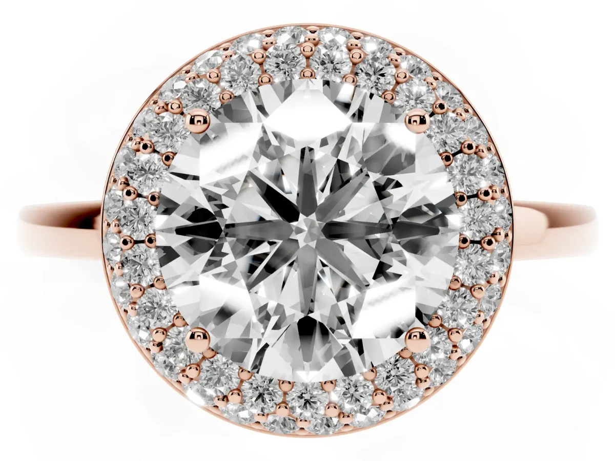 Round Cut Halo Diamond Engagement Ring with Solitaire Band and Four-Prong Setting Rose gold