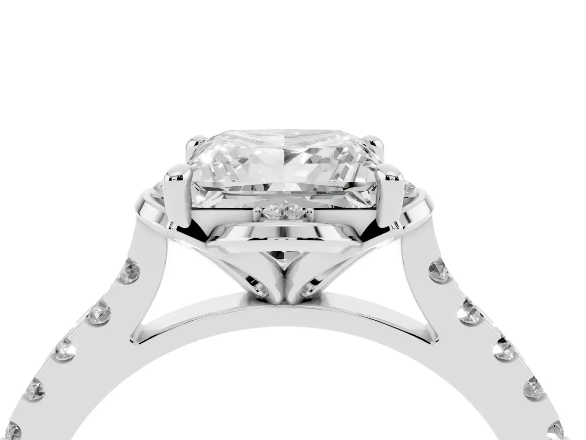 Princess Cut Diamond Ring with Pavé Band and Floral Prong Setting Silver