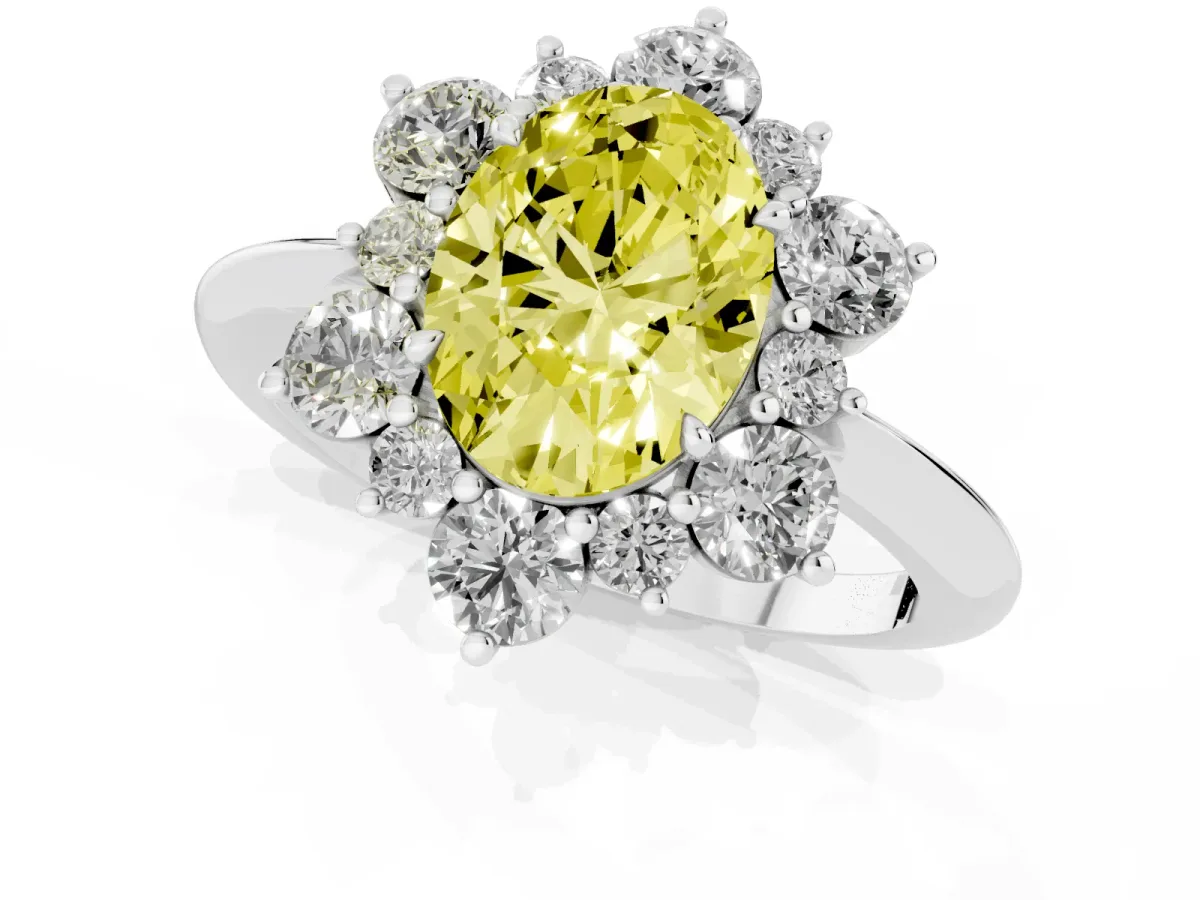 Fancy Yellow Oval Cut Diamond Cluster Halo Ring with Solitaire Band and Four-Prong Setting Silver