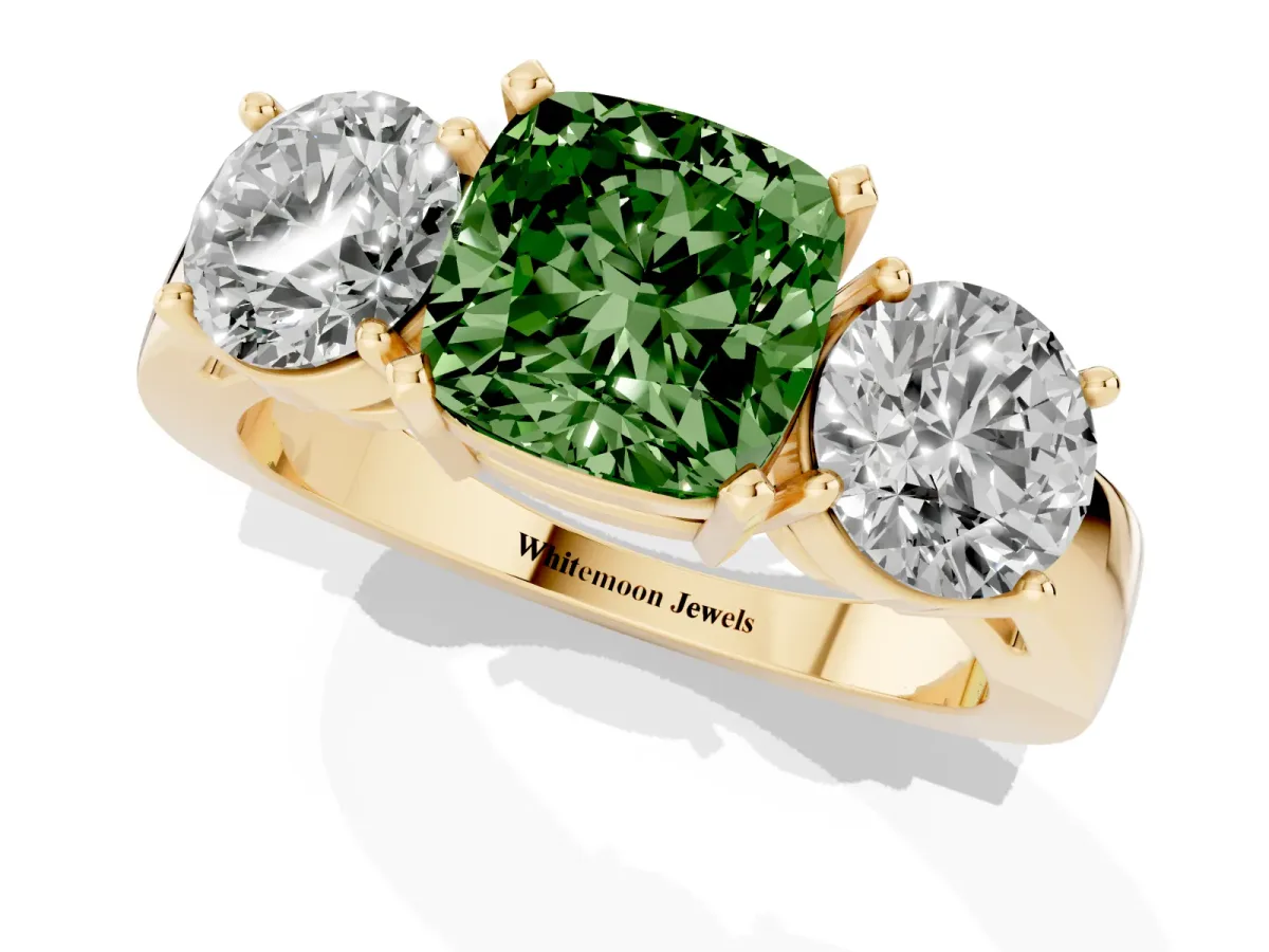 Fancy Green Three-Stone Cushion Cut Diamond Ring with Round Side Stones, Classic Band, and Four-Prong Setting Yellow gold
