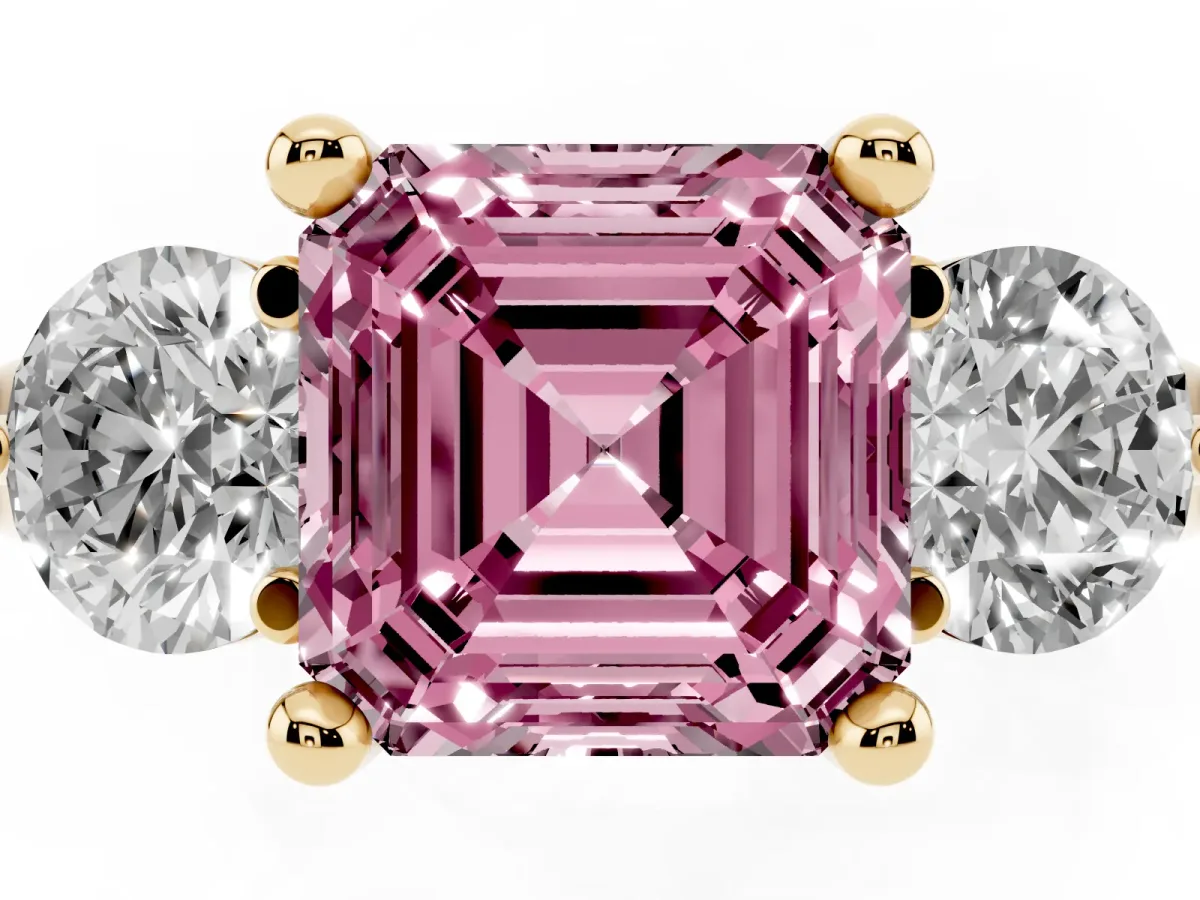 Fancy Pink Three-Stone Asscher Cut Brilliant Cut Solitaire Ring with Prong Setting on a Classic Band Yellow gold