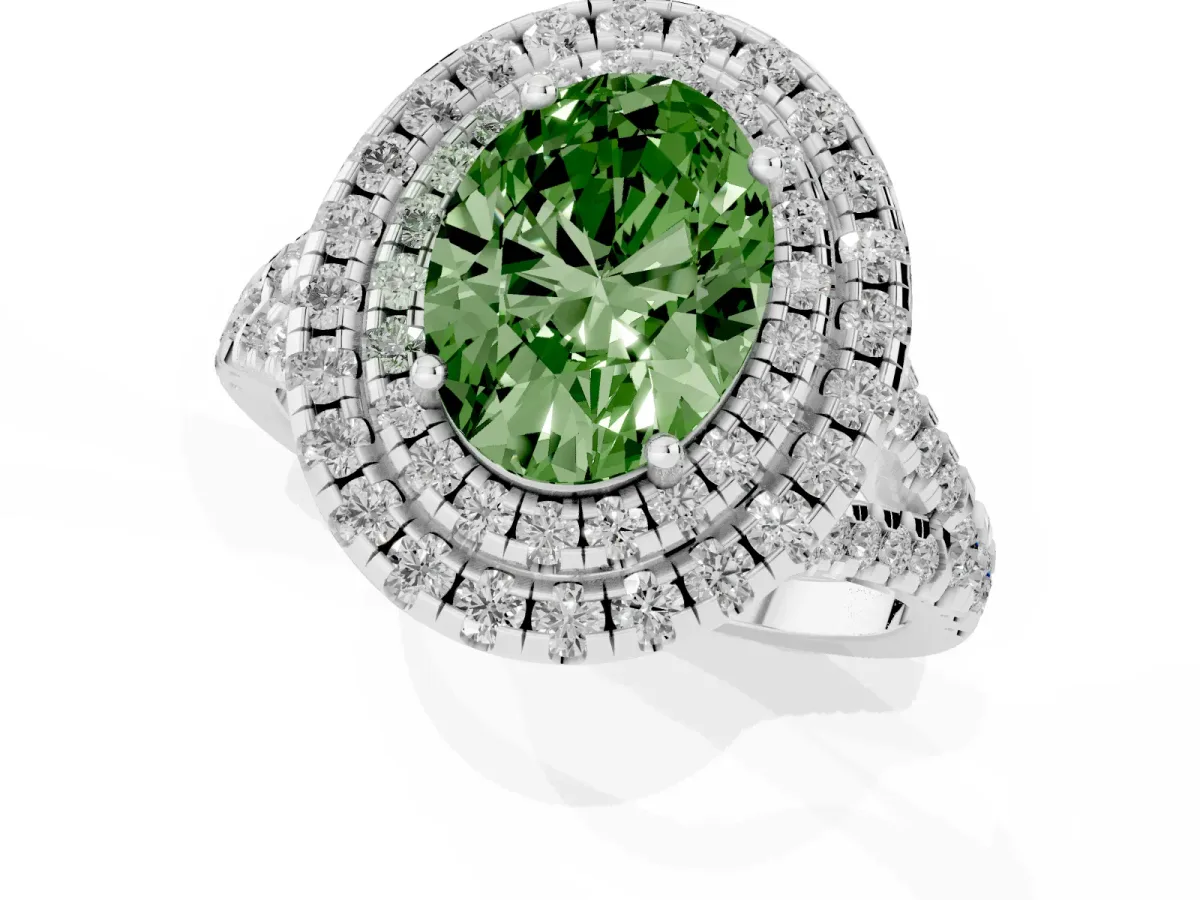 Fancy Green Double Halo Oval Cut Diamond Pavé Split Shank Ring with Prong Setting White gold