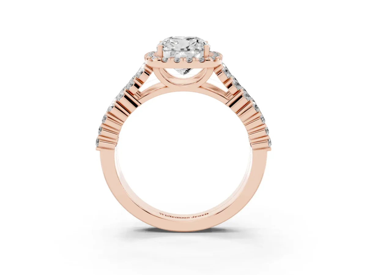 Cushion Cut Diamond Halo Engagement Ring with Triple Row Round Pavé Band and Prong Setting Rose gold