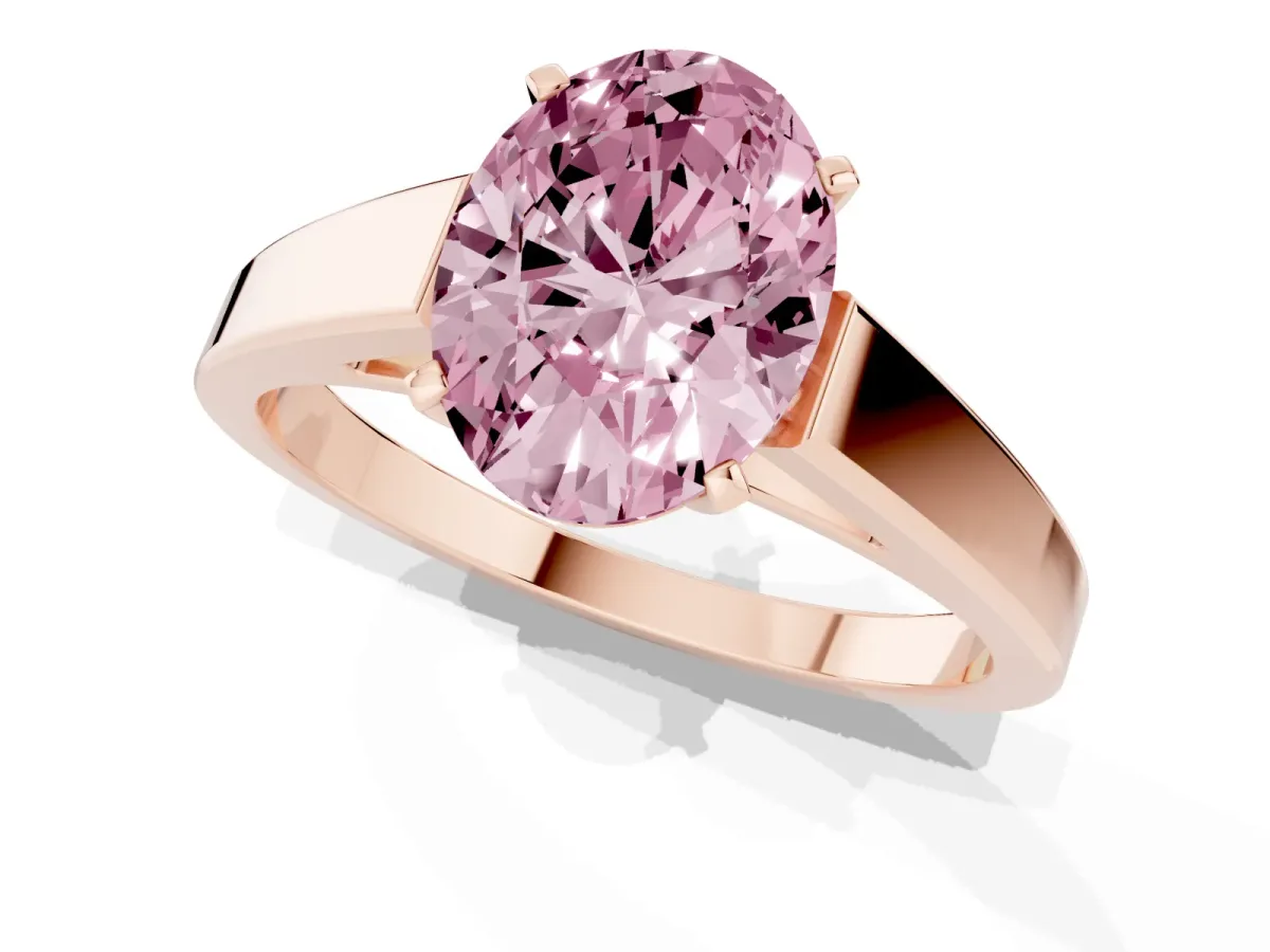 Fancy Pink Oval Cut Solitaire Engagement Ring with Four-Prong Setting and Tapered Band Rose gold